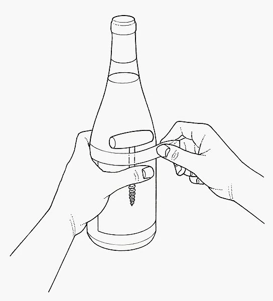 Black and white illustration of taping corkscrew to wine bottle