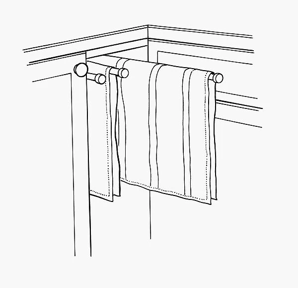 Black and white illustration of tea towels on rail in cupboard