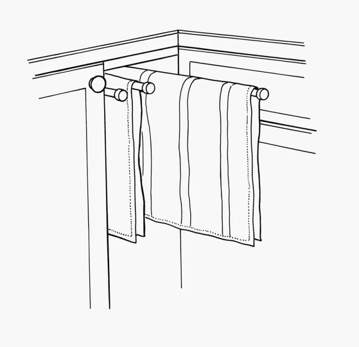 Framed Print : Black and white illustration of tea towels on rail in cupboard Framed Print : Black and white illustration of tea towels on rail in cupboard