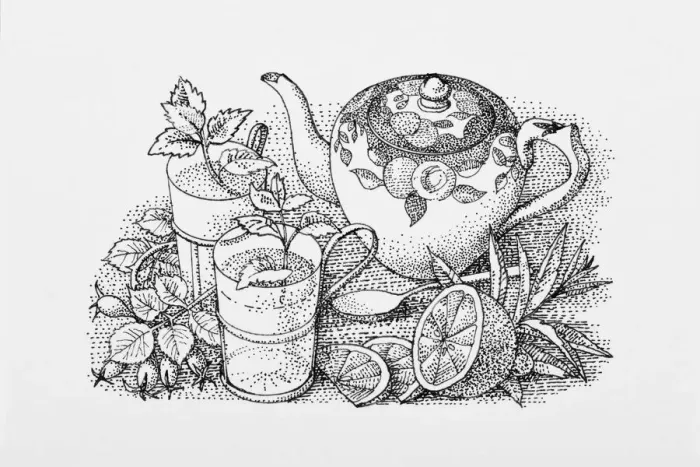 Framed Print : Black and white illustration of teapot, mint tea, sliced lemon, and herb leaves Framed Print : Black and white illustration of teapot, mint tea, sliced lemon, and herb leaves
