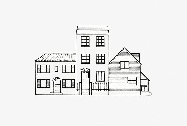Black and white illustration of terrace of three very different styles of house