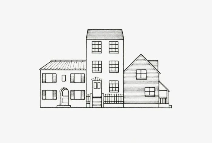 Framed Print : Black and white illustration of terrace of three very different styles of house