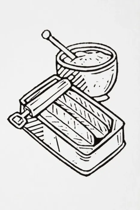 Framed Print : Black and white illustration of tin of herrings and bowl of horseradish dip