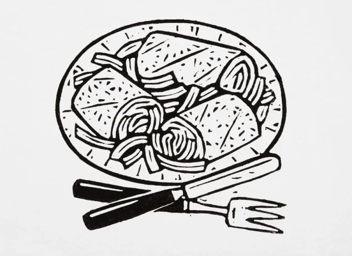 Framed Print : Black and white illustration of tortilla wraps on a plate, fork and knife Framed Print : Black and white illustration of tortilla wraps on a plate, fork and knife