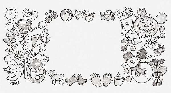 Black and white illustration of toys arranged to form a border