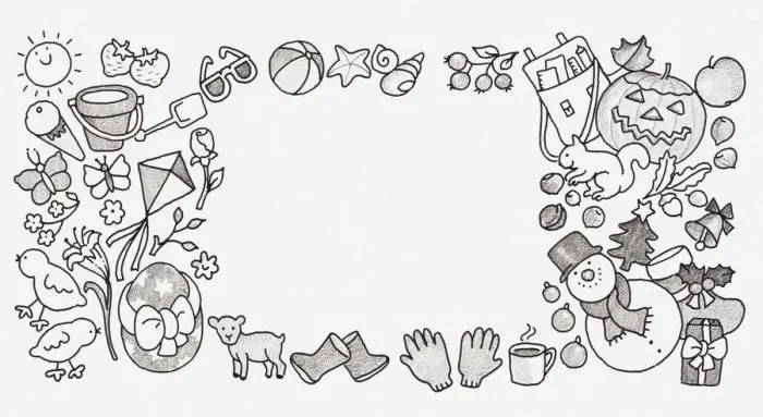 Framed Print : Black and white illustration of toys arranged to form a border Framed Print : Black and white illustration of toys arranged to form a border
