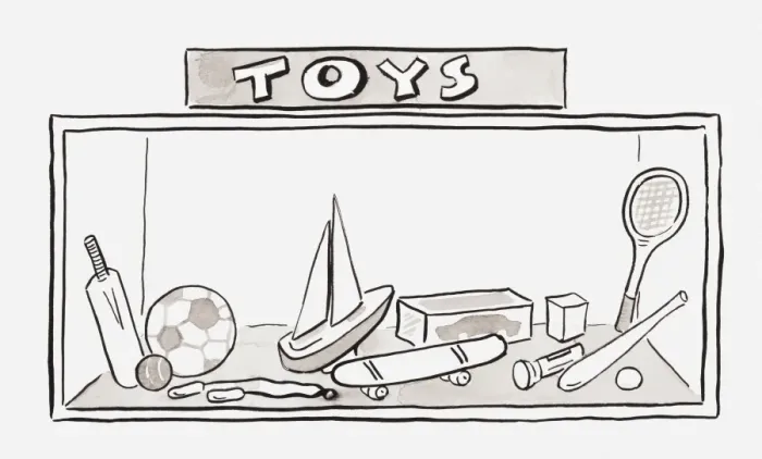 Framed Print : Black and white illustration of toys displayed in shop window Framed Print : Black and white illustration of toys displayed in shop window