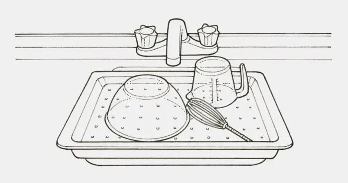 Framed Print : Black and white illustration of a tray with holes in it, placed over sink and used as a drainer Framed Print : Black and white illustration of a tray with holes in it, placed over sink and used as a drainer
