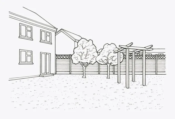 Framed Print : Black and white illustration of trees and pergola in garden and fence with trellis above Framed Print : Black and white illustration of trees and pergola in garden and fence with trellis above