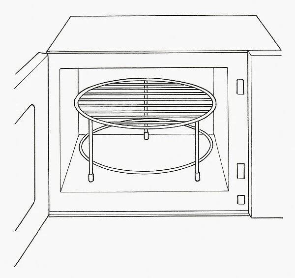Black and white illustration of trivet inside open microwave