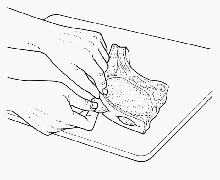 Framed Print : Black and white illustration of tucking dried apricots into slit it pork chop fat Framed Print : Black and white illustration of tucking dried apricots into slit it pork chop fat