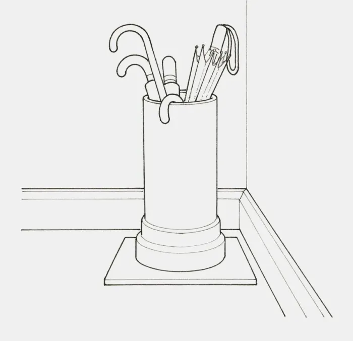 Framed Print : Black and white illustration of umbrellas stored in an old earthenware pipe, placed on a ceramic tile Framed Print : Black and white illustration of umbrellas stored in an old earthenware pipe, placed on a ceramic tile