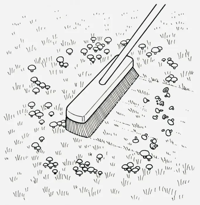 Framed Print : Black and white illustration of using broom to remove toadstools from lawn, close-up Framed Print : Black and white illustration of using broom to remove toadstools from lawn, close-up