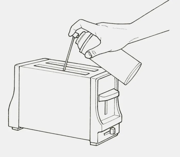 Framed Print : Black and white illustration of using compressed air spray to blow crumbs from toaster Framed Print : Black and white illustration of using compressed air spray to blow crumbs from toaster