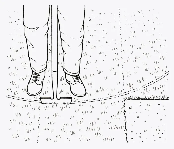 Framed Print : Black and white illustration of using edging tool to cut curve in lawn