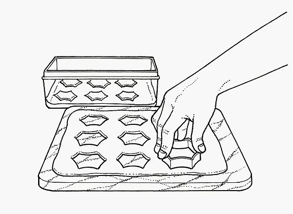 Black and white illustration using pastry cutter to cut shapes from pastry on chopping board