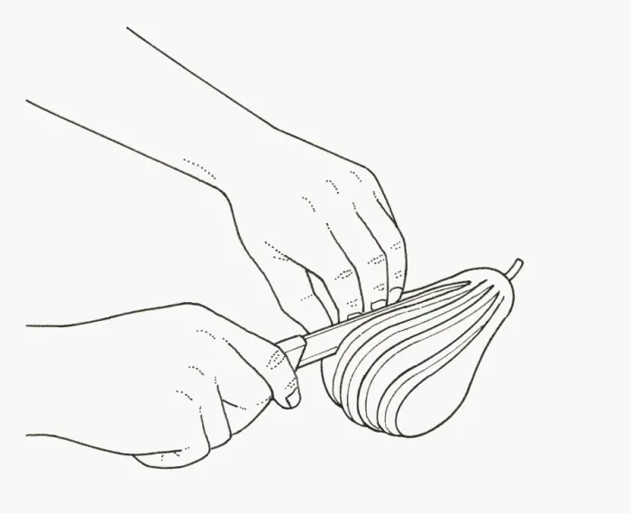 Framed Print : Black and white illustration of using sharp knife to slice pear into fan shape Framed Print : Black and white illustration of using sharp knife to slice pear into fan shape