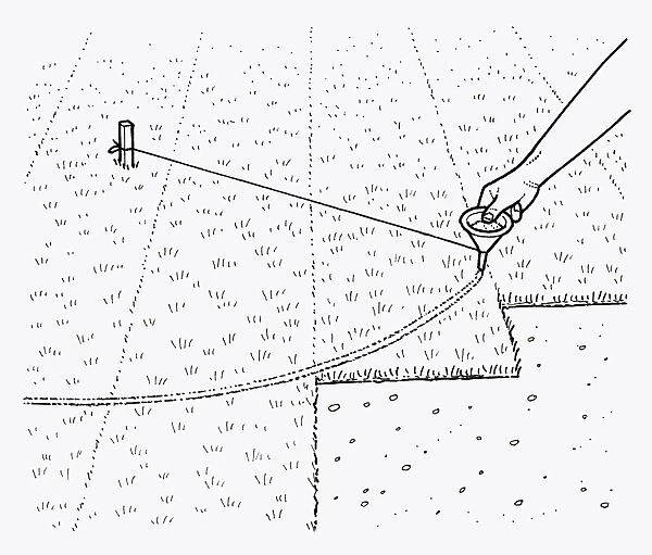 Black and white illustration of using spout and string to mark curve in lawn