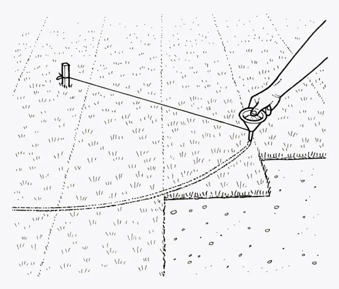 Framed Print : Black and white illustration of using spout and string to mark curve in lawn