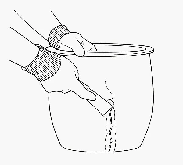 Black and white illustration of using trowel to repair crack in terracotta plant pot with grout