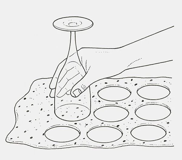 Black and white illustration of using upturned wine glass to cut pastry