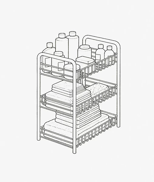 Black and white illustration of various bottles, containers, sponge, folded cloths and sheets on rack