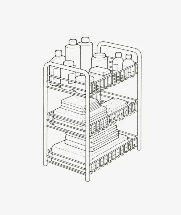 Framed Print : Black and white illustration of various bottles, containers, sponge, folded cloths and sheets on rack Framed Print : Black and white illustration of various bottles, containers, sponge, folded cloths and sheets on rack