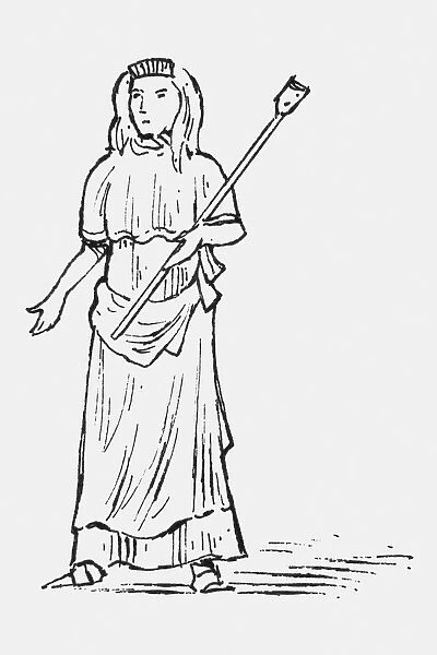 Black and white illustration of Vesta, virgin goddess of Roman mythology