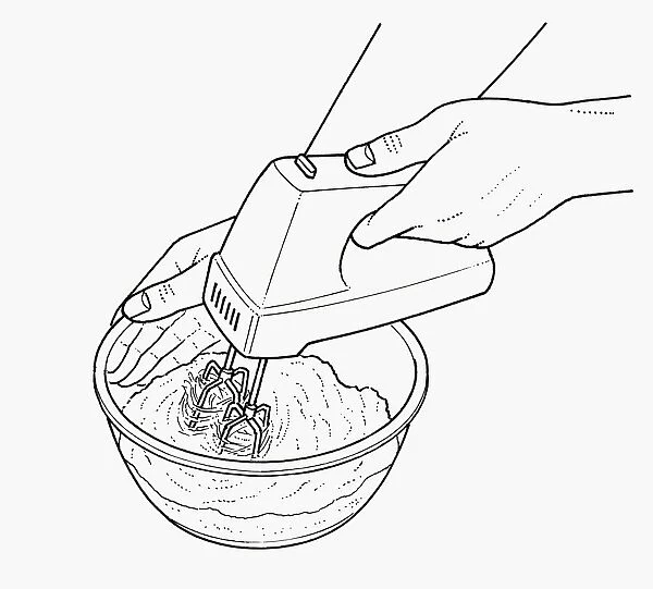 Black and white illustration of whisking ingredients in bowl using electric whisk