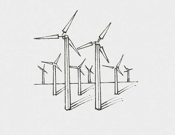 Black and white illustration of wind turbines
