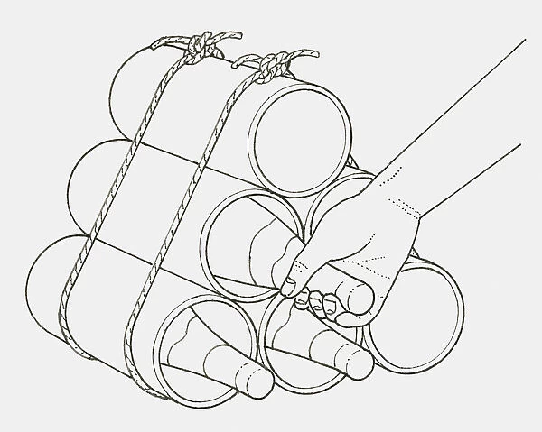 Black and white illustration of a wine rack made from plastic drain pipes and ropes, hand seen removing a bottle