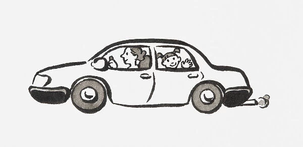 Black and white illustration of woman driving a car and girl on the back seat waving