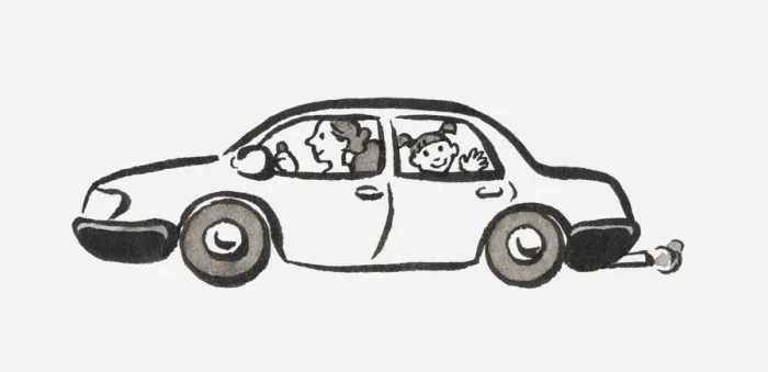 Framed Print : Black and white illustration of woman driving a car and girl on the back seat waving Framed Print : Black and white illustration of woman driving a car and girl on the back seat waving