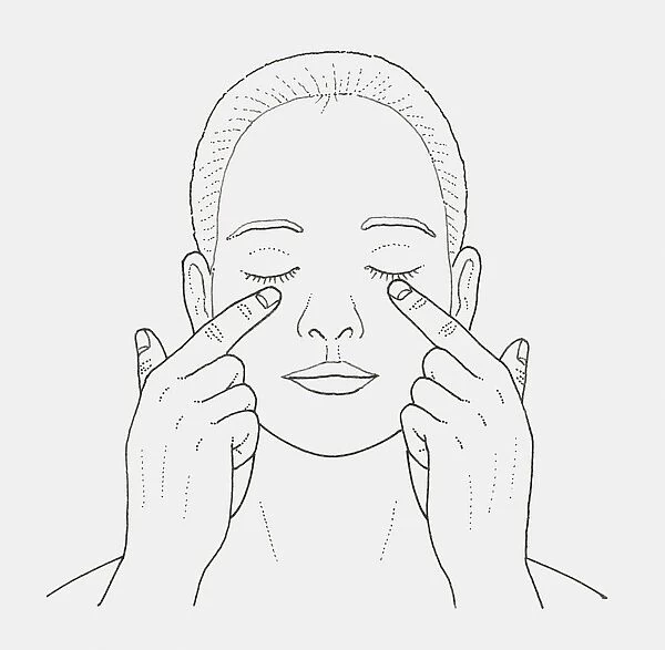Black and white illustration of woman massaging skin under her eyes with her fingers