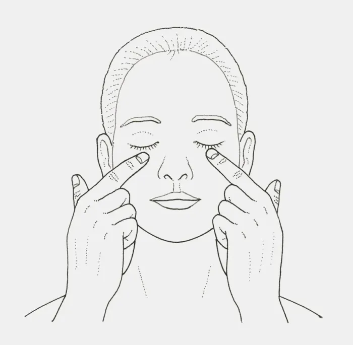 Framed Print : Black and white illustration of woman massaging skin under her eyes with her fingers