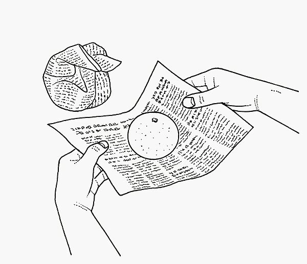 Black and white illustration of wrapping citrus fruit in newspaper