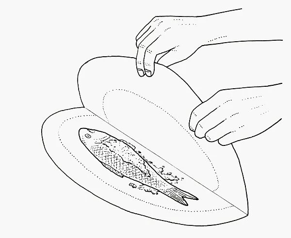 Black and white illustration of wrapping fish in nonstick baking parchment