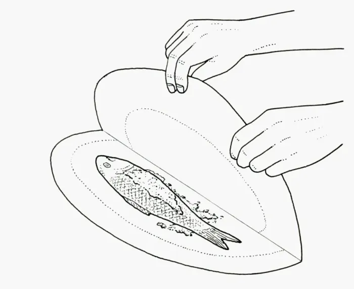 Framed Print : Black and white illustration of wrapping fish in nonstick baking parchment Framed Print : Black and white illustration of wrapping fish in nonstick baking parchment