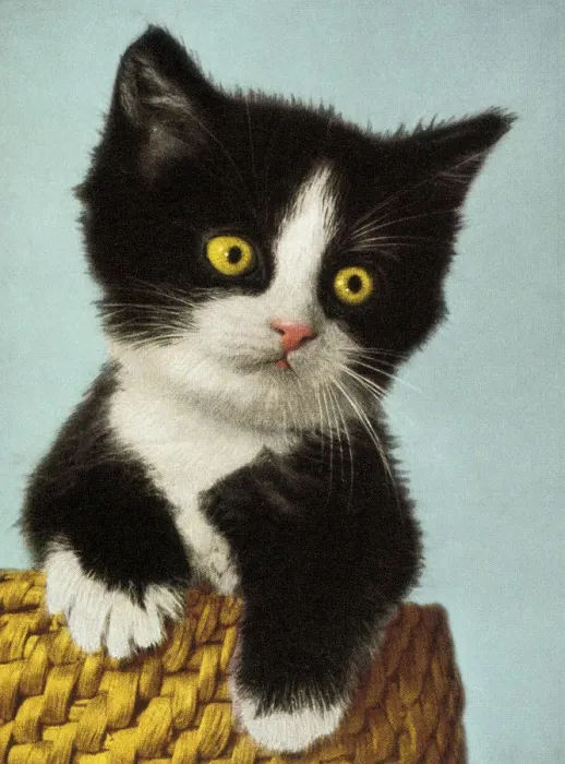 Framed Print : Black and White Kitten in Basket Framed Print : Black and White Kitten in Basket