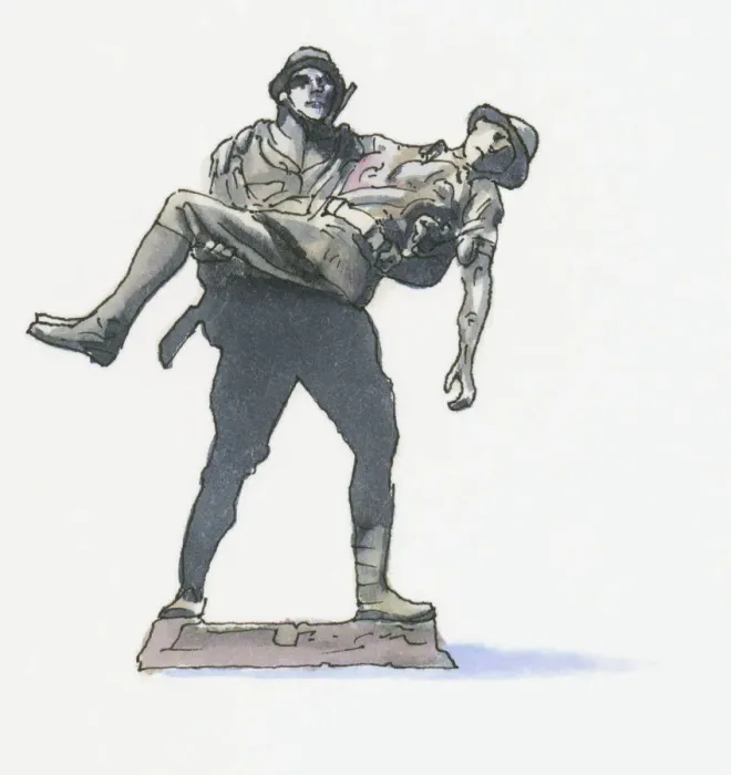Framed Print : Black and white llustration of Mehmetcik Memorial, showing Turkish Soldier carrying an Australian Soldier, Gallipoli Framed Print : Black and white llustration of Mehmetcik Memorial, showing Turkish Soldier carrying an Australian Soldier, Gallipoli