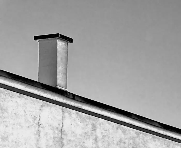 Framed Print : Stack. A black and white photo of a chimney on a commercial building in southeast Portland