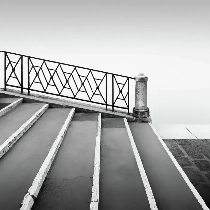 Framed Print : Black and white photograph of a bridge railing in the fog at the Fondamenta Nuove in the north of Venice, Italy