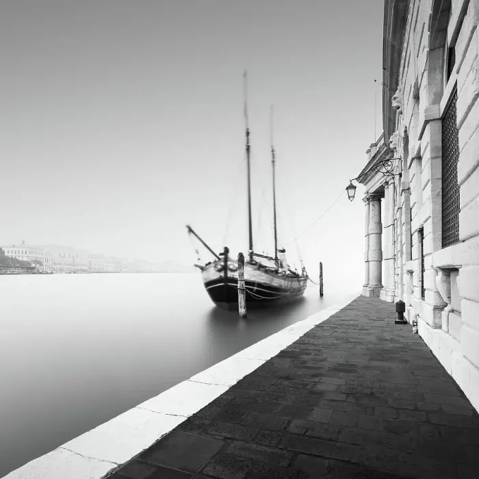Framed Print : Black and white photograph of the Fondamenta Salute in the fog with a historic sailing ship in Venice, Italy