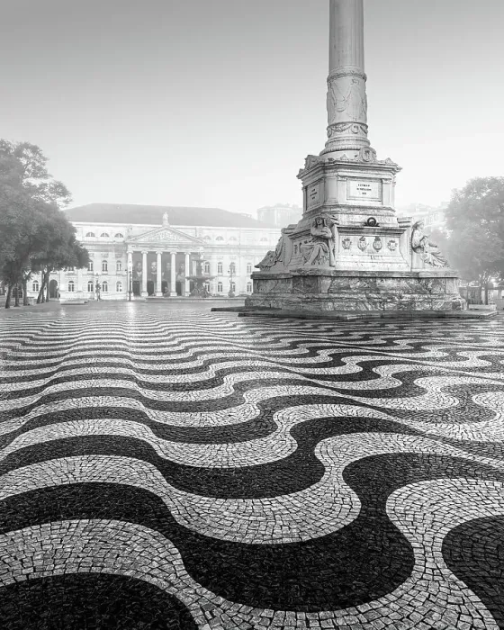 Framed Print : Black and white photograph of the Praca Dom Pedro with the famous wave pattern in Lisbon, Portugal Framed Print : Black and white photograph of the Praca Dom Pedro with the famous wave pattern in Lisbon, Portugal