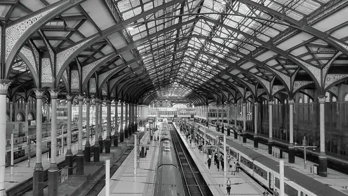 Framed Print : Black and white photograph of railroad tracks and platforms, interiors of Liverpool Street Station in London, England Framed Print : Black and white photograph of railroad tracks and platforms, interiors of Liverpool Street Station in London, England