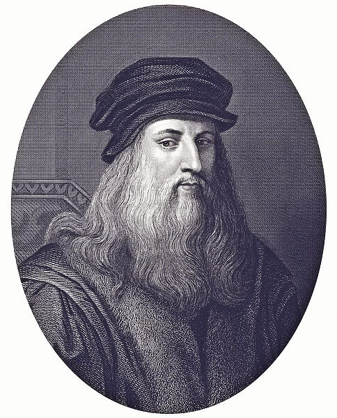 Black and white print portrait of Leonardo da Vinci