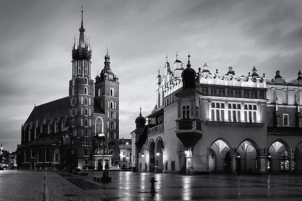Black and White, St Marys Basilica, Bazylika Mariacka, The Cloth Hall, Krakow, Poland