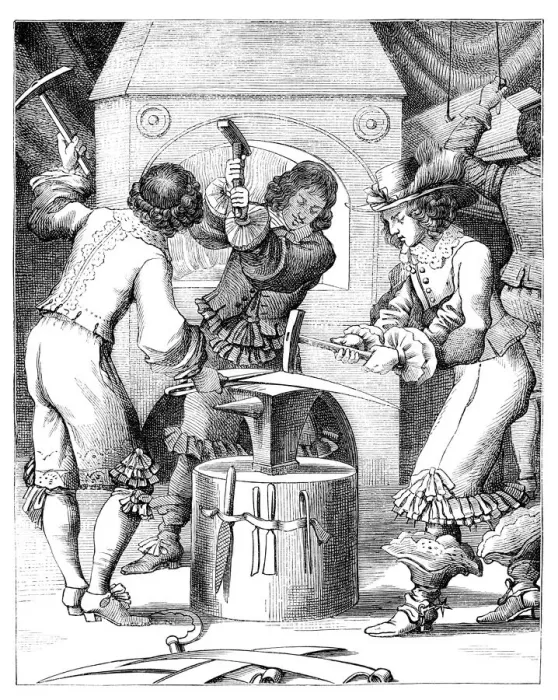 Framed Print : Blacksmith forging scythe and sickle 17th century Paris France Framed Print : Blacksmith forging scythe and sickle 17th century Paris France