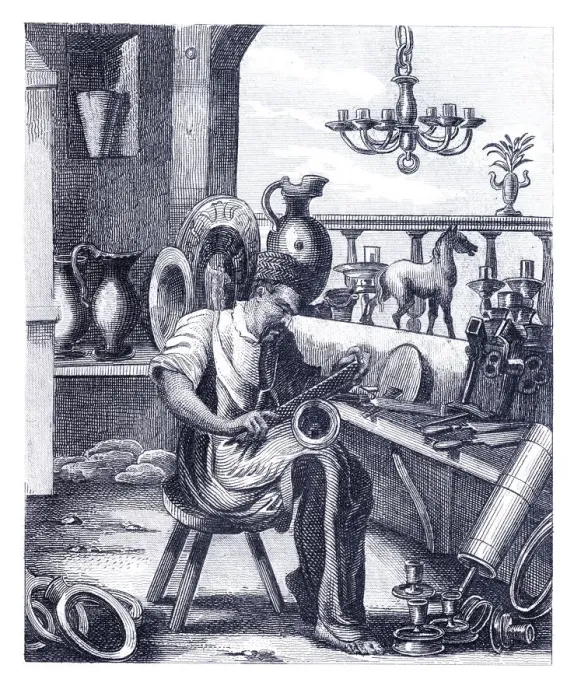 Framed Print : Blacksmith working in workshop 16th century