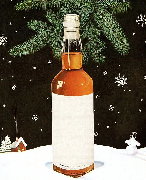 Blank Liquor Bottle in Snowy Scene